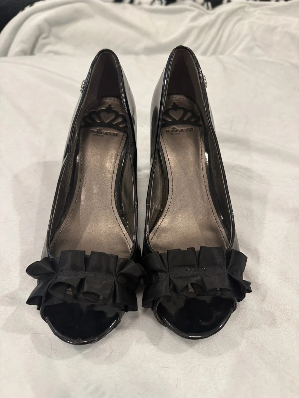 Fergalicious Black Patent Peep-Toe Heels with Ruffle Bow